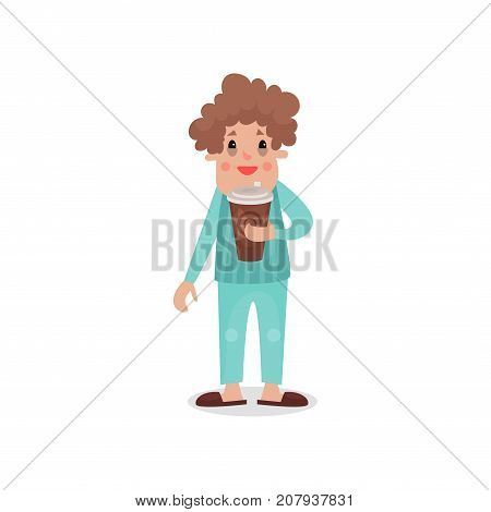 Young man drinking giant cup of coffee, harmful habit and addiction cartoon vector Illustration on a white background