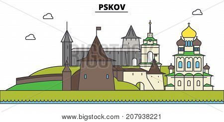 Russia, Pskov. City skyline, architecture, buildings, streets, silhouette, landscape, panorama, landmarks. Editable strokes. Flat design line vector illustration concept. Isolated icons