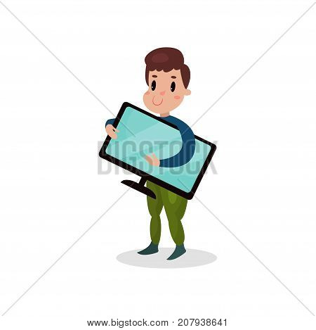 Young man holding computer monitor, harmful habit and addiction cartoon vector Illustration on a white background