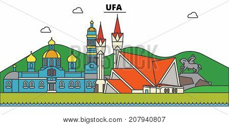Russia, Ufa. City skyline, architecture, buildings, streets, silhouette, landscape, panorama, landmarks. Editable strokes. Flat design line vector illustration concept. Isolated icons