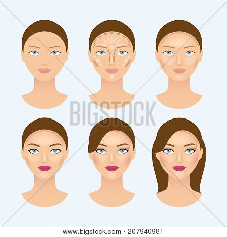 Stages of the makeup on the womans face. Beauty makeup girl portrait, vector illustration