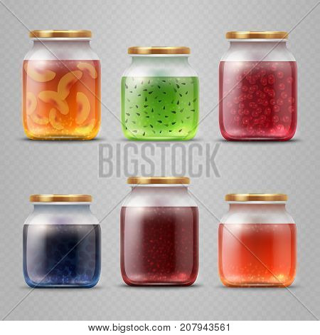 Glass jar with with jam and fruit marmalade vector set. Jar with fruit jam and homemade dessert illustration