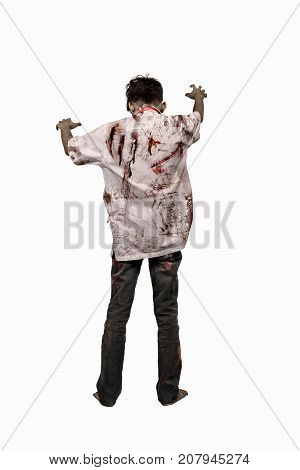 Back View Of Asian Zombie Man With Blood In His Clothes