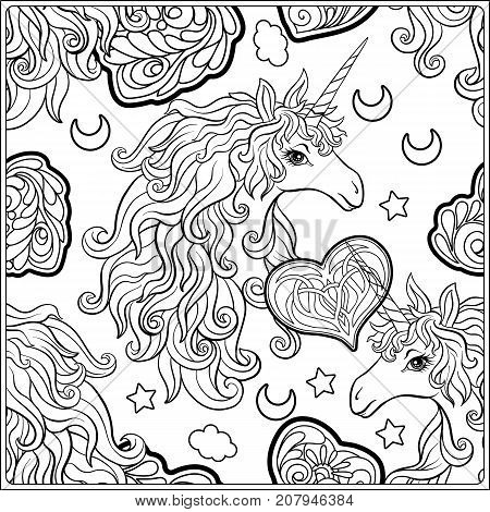 Unicorn. The composition consists of a unicorn surrounded by a bouquet of roses. Outline hand drawing coloring page for adult coloring book. Stock vector.