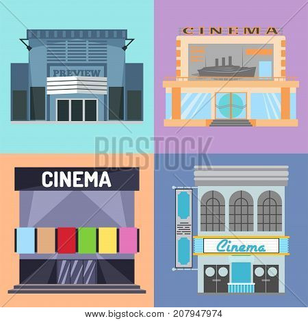 Cinema building vector illustration facade movie entertainment city house architecture theater exterior Urban film icon town vintage premiere show house construction.