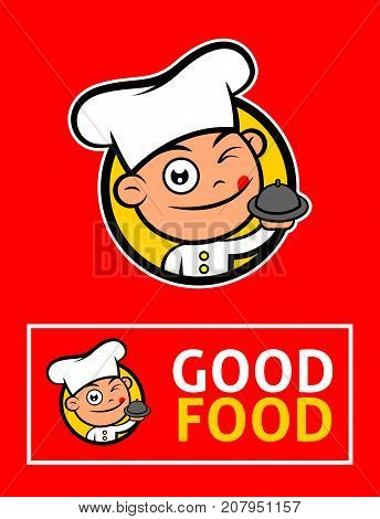 Cartoon cute chef character serving food vector illustration