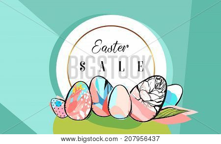 Hand drawn vector abstract creative Easter Sale greeting borders design template with drawing Easter eggs with golden frame on tiffany blue color backgrounds.Spring unusual trendy Easter cards designs