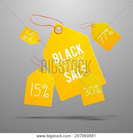 Black friday yellow tag set with healines on pricetag and on gray background with shadows vector illustration