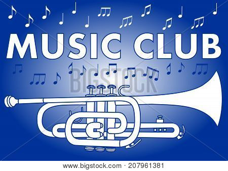 Music club banner with trumpet and music notes in white and blue design on gradient background, Vector EPS 10