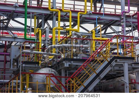 The different colored pipes in the installation of a petrochemical plant