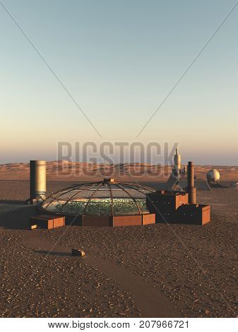 Science fiction illustration of a biodome on an alien desert planet, digital illustration (3d rendering)
