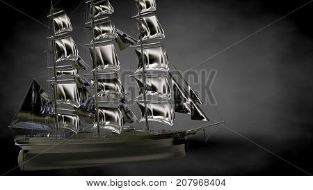 3D Rendering Of A Metalic Reflective Ship On A Dark Background
