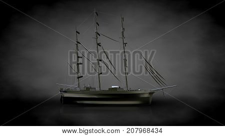 3D Rendering Of A Metalic Reflective Ship On A Dark Background