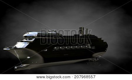 3D Rendering Of A Metalic Reflective Ship On A Dark Background