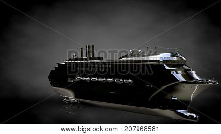 3D Rendering Of A Metalic Reflective Ship On A Dark Background
