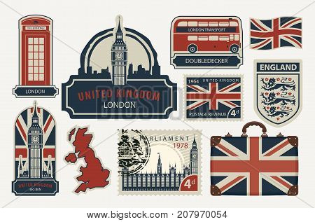 Vector set of British symbols stamps architectural landmarks and flag of the United Kingdom in retro style