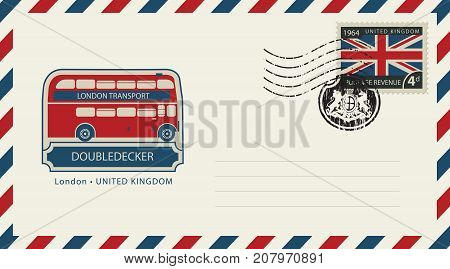 Vector envelope with London doubledecker a postage stamp with flag of United Kingdom and rubber stamp in form of royal coat of arms