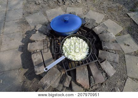 frying fresh onios in the garden on open fire