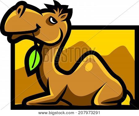 Cartoon cute lazy camel character holding a leave in the mouth, mascot vector illustration
