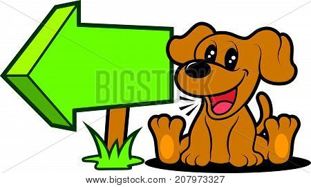 Cartoon cute dog sitting beside an arrow signage