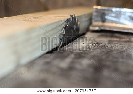 Board On A Table Of Circular Saw. Selective Focus
