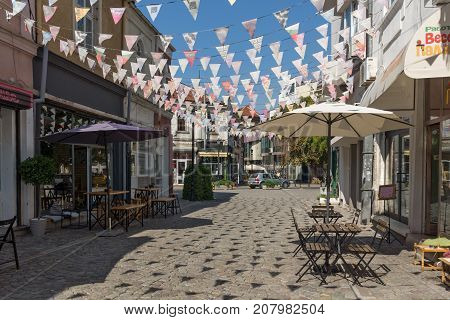 PLOVDIV, BULGARIA - SEPTEMBER 1, 2017:  Street in district Kapana, city of Plovdiv, Bulgaria