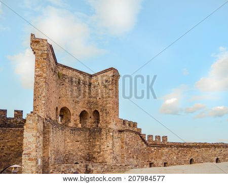 Genoese fortress in Sudak, the Crimea Peninsula, Black sea. Consular castle and the fortification wall of the upper tier. Part of the wall, Museum-reserve 