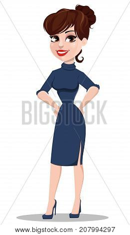 Young cartoon businesswoman. Beautiful lady standing with hands on her hips. Fashionable modern business woman. Vector illustration