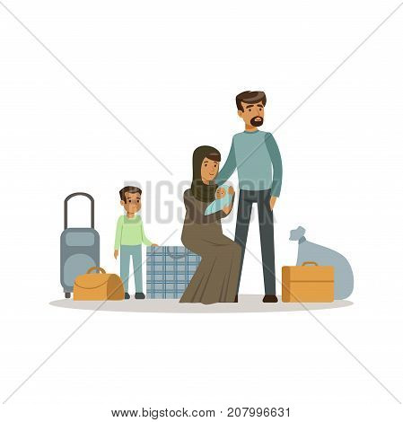 Stateless refugee family with suitcases, war victims concept vector Illustration isolated on a white background