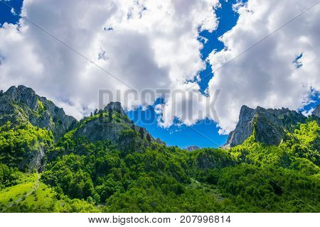 Picturesque Snow-capped Peaks Of High Mountains.