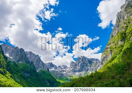 Picturesque Snow-capped Peaks Of High Mountains.