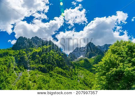 Picturesque Snow-capped Peaks Of High Mountains.