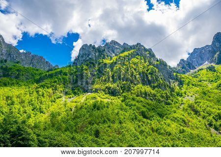 Picturesque Snow-capped Peaks Of High Mountains.