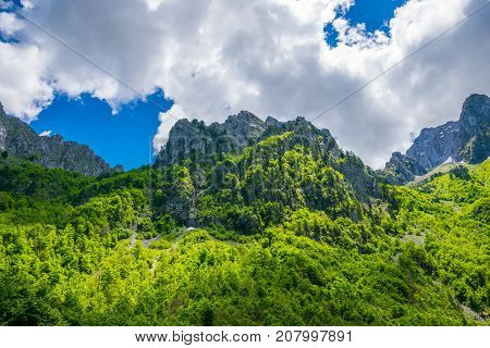 Picturesque Snow-capped Peaks Of High Mountains.