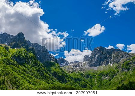 Picturesque Snow-capped Peaks Of High Mountains.