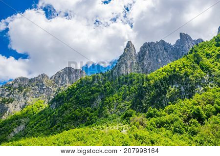 Picturesque Snow-capped Peaks Of High Mountains.