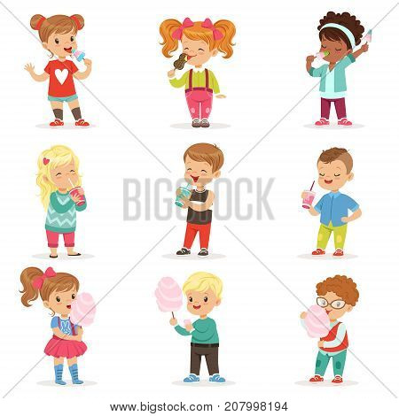 Set of little boys and girls eating sweets and drinking cocktails. Ice cream, cotton candy, drinks. Cartoon character isolated vector illustration. Kid s design for book, postcard, poster, t-shirt.