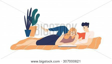 Adorable Couple Lying On Bed And Reading Books. Young Man And Woman Enjoying Literature In Evening. 