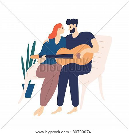 Lovely Couple Sitting On Bench And Playing Guitar. Pair Of Young Adorable Man And Woman Cuddling And