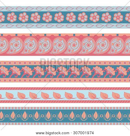 Vector Set Of Colorful Seamless Borders . Ethnic Indian Kalamkari Ornament. Ornamental Folk Design I