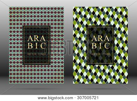Ottoman Pattern Vector Cover Page Layout Design Set In Arabic Style Mosaic In Gold Grid. Islamic Bac