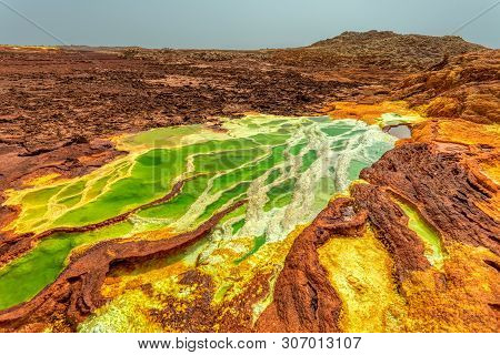 Beautiful Small Sulfur Lakes Dallol, Ethiopia. Danakil Depression Is The Hottest Place On Earth In T