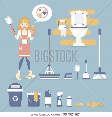 Female Housekeeper, Woman Holding Toilet Brush And Sponge, Cleaning Toilet, Bathroom With Mop, Broom