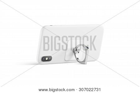 Blank White Finger Grip Sticked On Mobile Phone Mock Up, Isolated, Side View, 3d Rendering. Empty Fi