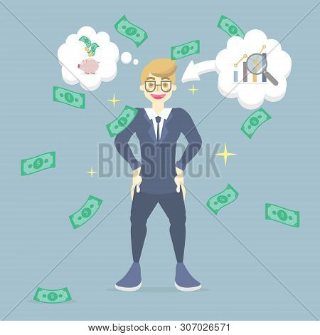 Businessman Standing With Growth Graph And Falling, Floating Money, Thinking About Saving Money Conc