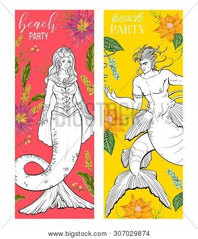 Beach Party Invitation With Couple Of Mermaid And Merman, Tropical Flowers And Leaves. Design Templa