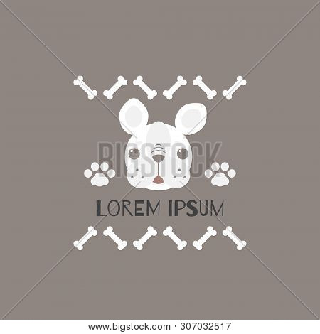 The Cute Animal Pet French Bulldog Head With Paw And Bone Logo Label In Brown Background,flat Vector