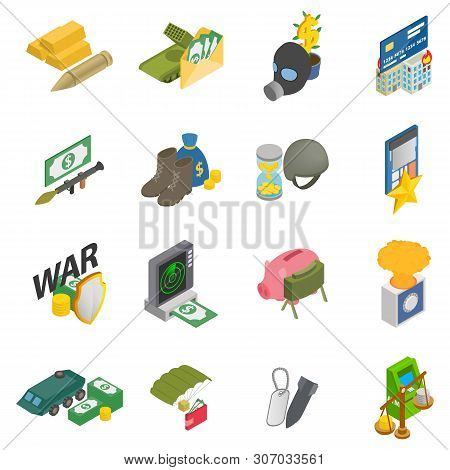 Money War Icons Set. Isometric Set Of 16 Money War Vector Icons For Web Isolated On White Background