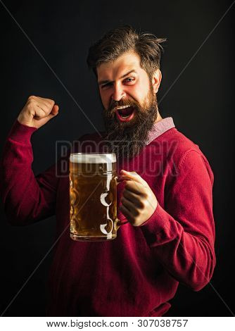 Happy Brewer Holding Glass With Beer. Beer In Belgium. Brewer. Beer In Germany. Beer In The Us
