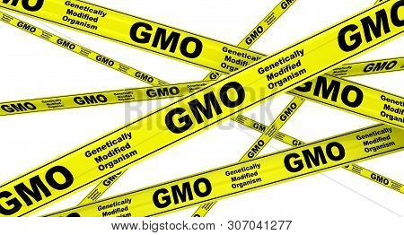 Genetically Modified Organism (gmo). Yellow Warning Tapes With Inscription Genetically Modified Orga